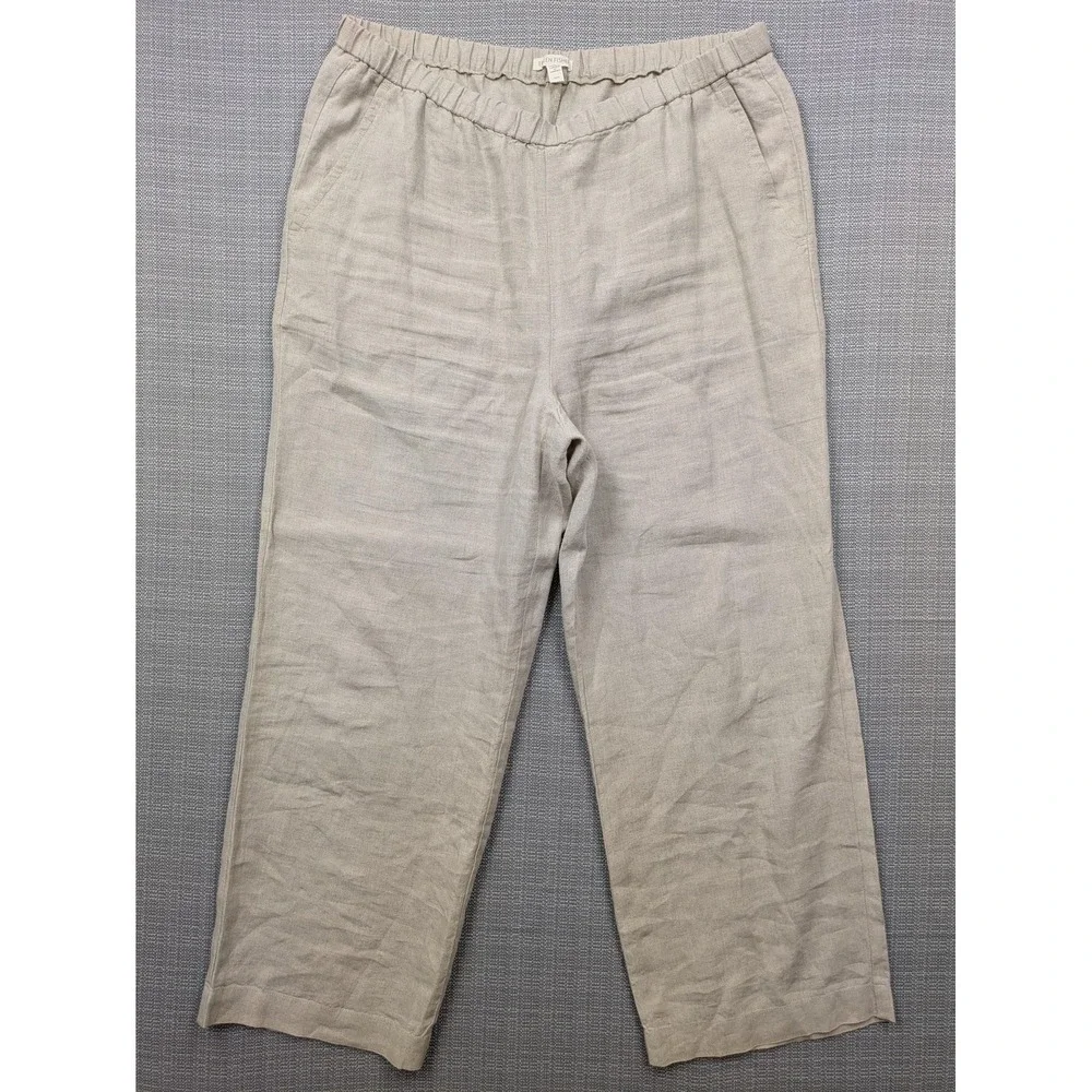 Eileen Fisher Pants Womens M Beige Linen Ankle Elastic Waist Pockets Relaxed Fit
